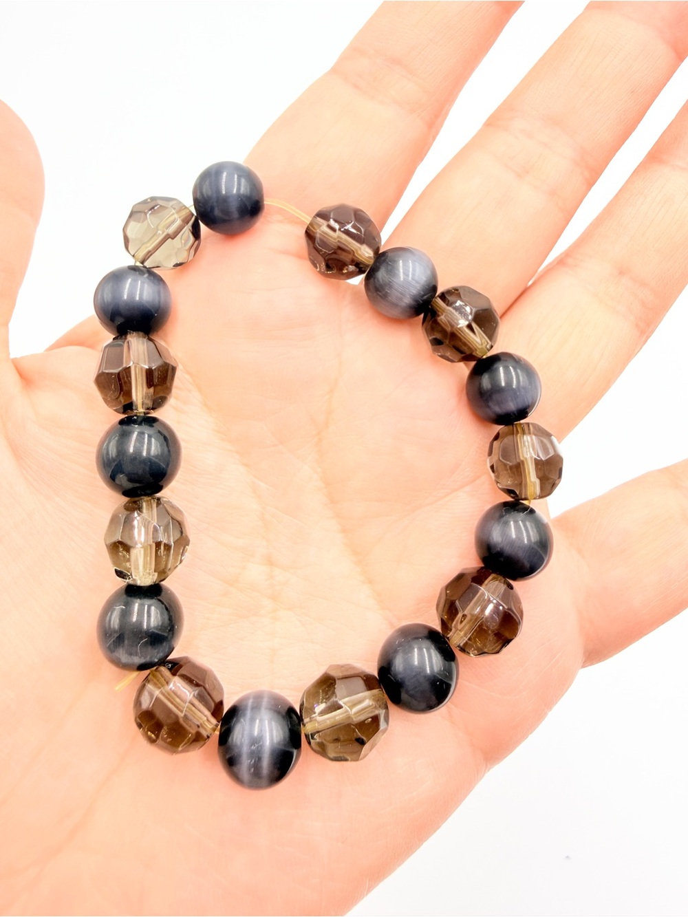 Vintage Gray Cats Eye & Smoky Glass Beaded Stretch Bracelet